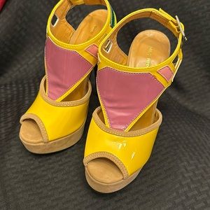 Shoe Republic LA 5.5” Yellow & Purple Platform Heels. Size 7.5